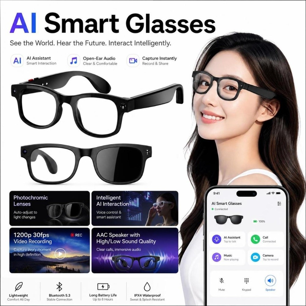 Smart Glasses Lens - แว่นตาอัจฉริยะ AI 2-in-1 ถ่ายภาพวิดีโอความละเอียดสูง แปลภาษาแบบเรียลไทม์ แว่นตา