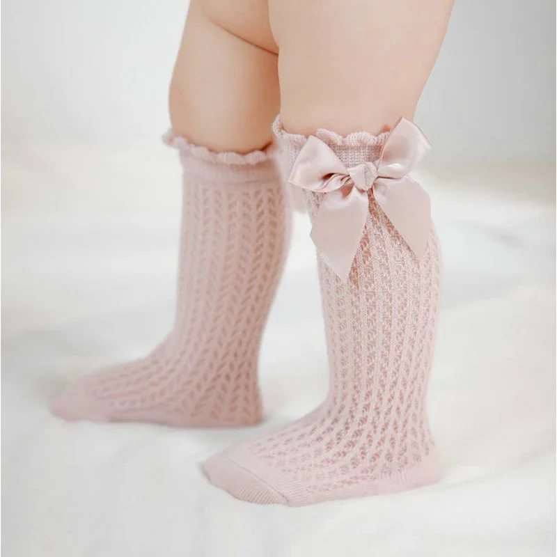 Baby Sock Oximeter - Simmer ฤดูใบไม้ผลิตาข่ายผ้าฝ้ายบางเกาหลีโบว์ถุงน่องสีขาวเด็กเจ้าหญิงเข่าสูงถุงเท้ายาวลูกไม้ Ruffles สําหรับทารกแรกเกิด